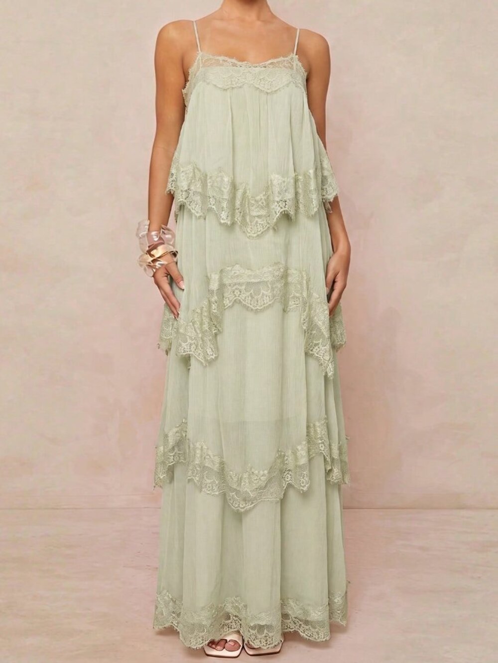 Pastel Green Elegant Women's Adjustable Strap Chiffon Dress with Contrast Lace - Picture 5 of 9